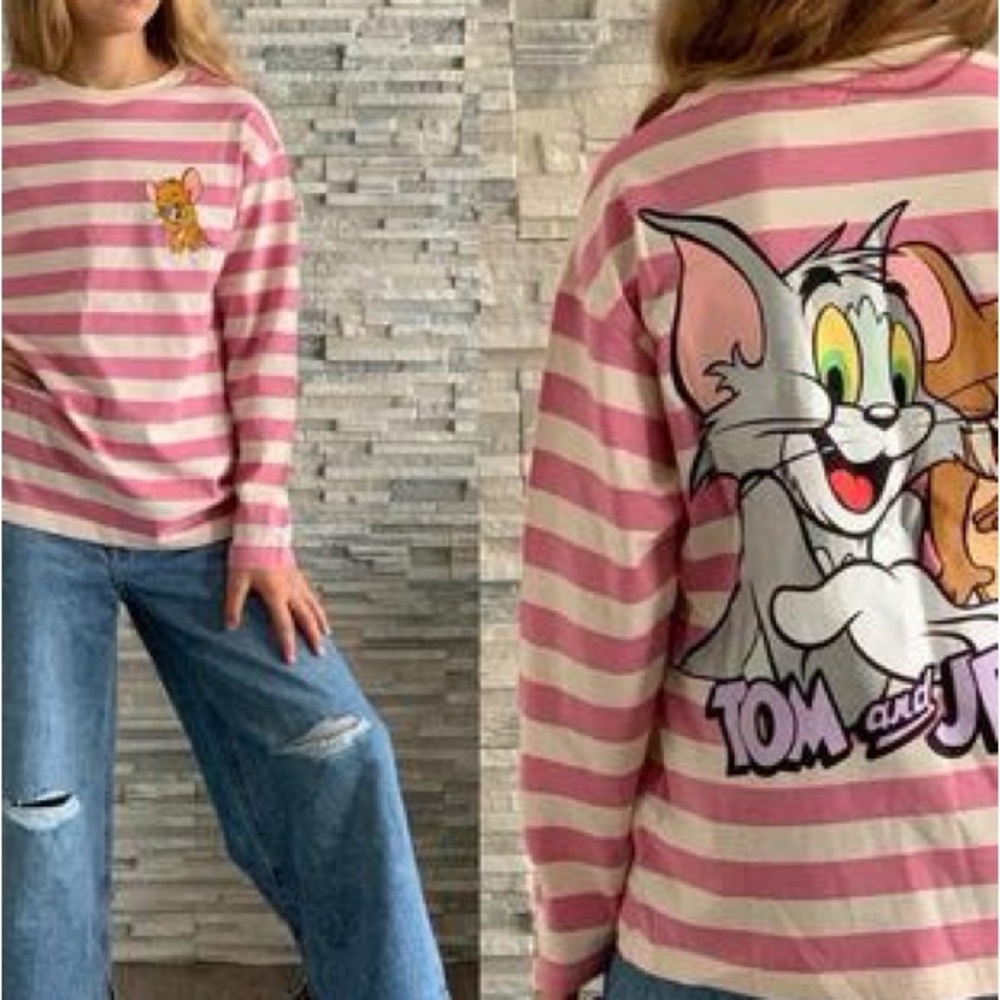 Zara tom and Jerry white pink striped long sleeve graphic top shirt 13 - 14